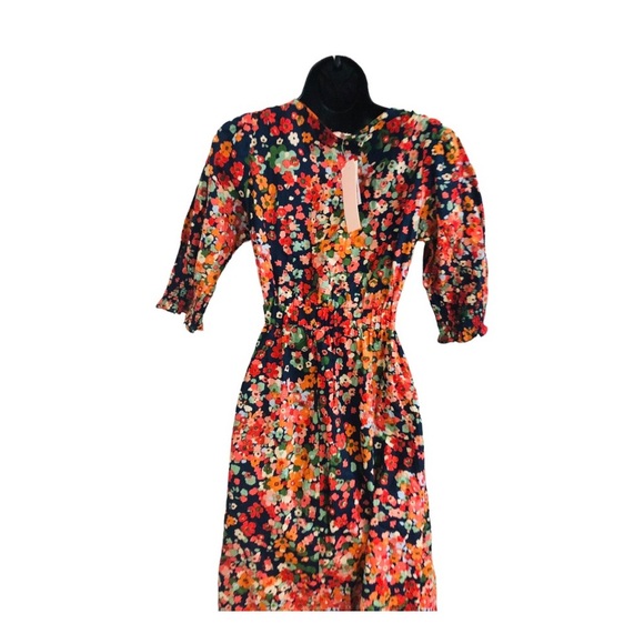 Red orange floral multi midriff cut out cotton v-neck midi dress size medium new - Picture 8 of 16